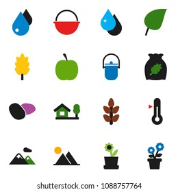 solid vector ixon set - water drop vector, camping cauldron, thermometer, cereal, potato, leaf, diet, cereals, chalet, mountain, flower in pot