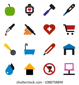 solid vector ixon set - water drop vector, bath, skimmer, rolling pin, meat hammer, cart, arrow up, diet, heart monitor, no alcohol sign, cross, warehouse, thermometer, dropper, notebook network