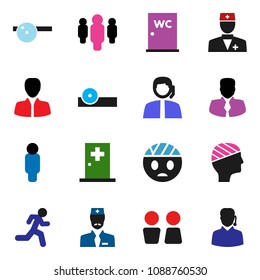 solid vector ixon set - water closet vector, manager, man, run, support, doctor, eye hat, head bandage, medical room