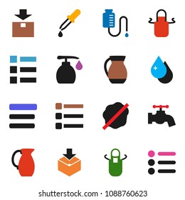 solid vector ixon set - water drop vector, tap, splotch, liquid soap, apron, jug, package, dropper, counter, menu