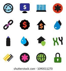 solid vector ixon set - water drop vector, shining window, dollar growth, medal, monitor, bottle, internet, ambulance star, pills blister, chromosomes, chain, home protect, lock