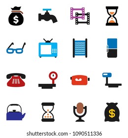 solid vector ixon set - water tap vector, washboard, kettle, glasses, money bag, sand clock, big scales, film frame, video camera, microphone, classic phone, fridge, tv