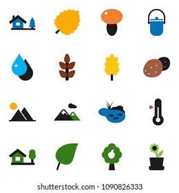solid vector ixon set - water drop vector, camping cauldron, thermometer, cereal, mushroom, potato, leaf, cereals, chalet, pond, fruit tree, mountain, flower in pot