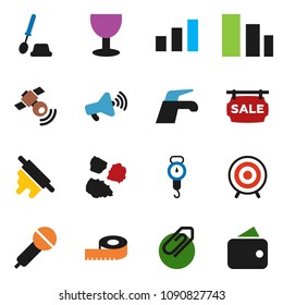 solid vector ixon set - water tap vector, toilet brush, garbage pile, scales, rolling pin, measuring, target, glass, sorting, microphone, satellitie, loudspeaker, attachment, sale signboard, wallet