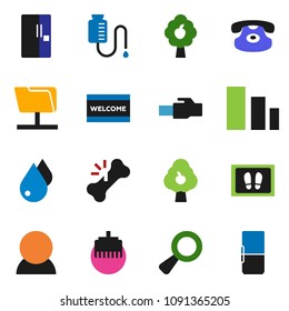 solid vector ixon set - water drop vector, welcome mat, sorting, classic phone, magnifier, broken bone, counter, network folder, lan connector, fruit tree, consumer, fridge
