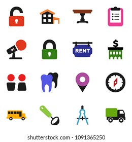 solid vector ixon set - water closet vector, ladle, drawing compass, clipboard, school bus, bank building, microphone, tooth, pin, cottage, rent signboard, lock, unlock, table, delivery