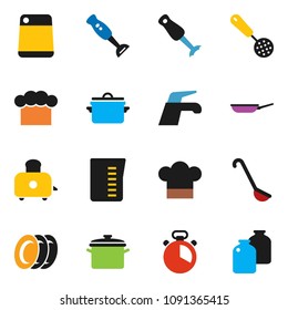 solid vector ixon set - water tap vector, plates, pan, measuring cup, cook hat, timer, skimmer, ladle, cutting board, toaster, blender, jar