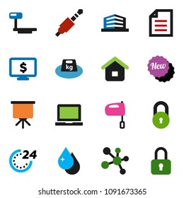 solid vector ixon set - water drop vector, mixer, notebook pc, presentation, document, monitor dollar, molecule, weight, big scales, jack, lock, office building, new, 24 hour, home