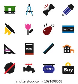 solid vector ixon set - water tap vector, splotch, welcome mat, rolling pin, chicken leg, pencil, corner ruler, drawing compass, tulip, Railway carriage, broken bone, cottage, mailbox, buy