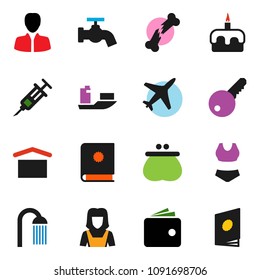 solid vector ixon set - water tap vector, shower, cleaner woman, cake, wallet, manager, swimsuite, plane, ship, dry cargo, syringe, broken bone, key, catalog