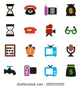 solid vector ixon set - water tap vector, glasses, alarm clock, abacus, sand, phone, tv, video camera, microphone, money bag