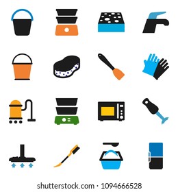 solid vector ixon set - water tap vector, vacuum cleaner, bucket, sponge, car fetlock, washing powder, rubber glove, spatula, microwave oven, double boiler, blender, fridge