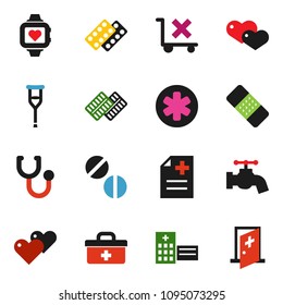 solid vector ixon set - water tap vector, heart monitor, no trolley, doctor bag, ambulance star, crutches, patch, stethoscope, pills, blister, anamnesis, hospital building, medical room