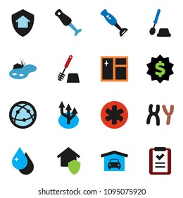 solid vector ixon set - water drop vector, window cleaning, toilet brush, blender, dollar medal, internet, ambulance star, chromosomes, route arrow, pond, garage, home protect, shopping list