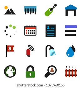 solid vector ixon set - water drop vector, shower, personal information, dollar flag, calendar, earth, warehouse, barcode, jack, menu, usb modem, loading, mountain, client search, lock, heating