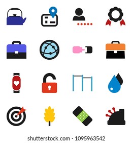 solid vector ixon set - water drop vector, kettle, cereal, case, medal, horizontal bar, heart monitor, navigator, internet, patch, connection, login, unlock, target, cashbox