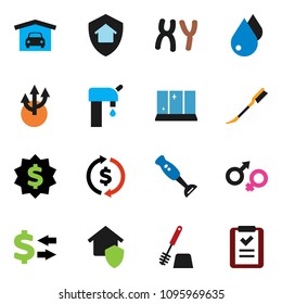 solid vector ixon set - water drop vector, car fetlock, toilet brush, shining window, blender, exchange, dollar medal, gender sign, chromosomes, route arrow, supply, garage, home protect