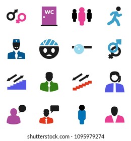 solid vector ixon set - water closet vector, man, stairways run, support, client, speaking, gender sign, eye doctor hat, head bandage, consumer