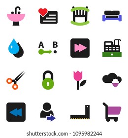 solid vector ixon set - water drop vector, sink, corner ruler, heart monitor, tulip, route, forward button, backward, scissors, cloud shield, lock, login, crib, cushioned furniture, cashbox, cart