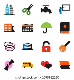 solid vector ixon set - water tap vector, blackboard, scissors, school bus, hoop, calendar, umbrella, heart, broken bone, apartments, office building, key, unlock, catalog, signpost