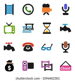 solid vector ixon set - water tap vector, washboard, glasses, money bag, film frame, tv, video camera, microphone, sand clock, phone, closed