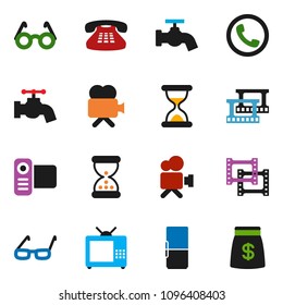 solid vector ixon set - water tap vector, glasses, film frame, video camera, classic phone, sand clock, fridge, tv, money bag