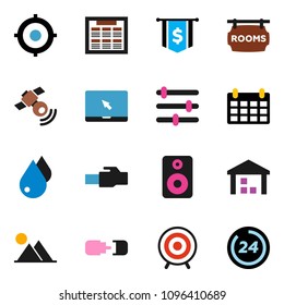 solid vector ixon set - water drop vector, schedule, target, dollar flag, calendar, warehouse, satellitie, notebook pc, speaker, equalizer, lan connector, connection, mountain, rooms signboard