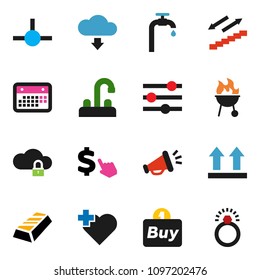 solid vector ixon set - water tap vector, bbq, gold ingot, dollar cursor, stairways run, heart cross, calendar, top sign, connect, cloud lock, equalizer, download, supply, buy, loudspeaker