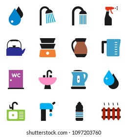solid vector ixon set - water drop vector, sprayer, shower, closet, sink, kettle, measuring cup, double boiler, jug, bottle, supply, heating
