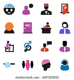solid vector ixon set - water closet vector, student, manager, man, support, speaking, doctor, gender sign, eye hat, head bandage, medical room, consumer