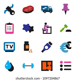 solid vector ixon set - water drop vector, splotch, steak, student, clipboard, auction, euro sign, barbell, pills vial, satellite, tv, thumbtack, hdmi, plan, relocation truck, menu