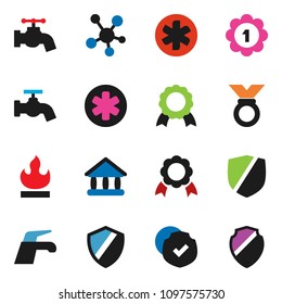 solid vector ixon set - water tap vector, medal, university, protected, flammable, social media, ambulance star, shield