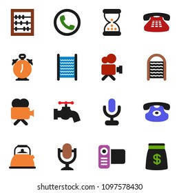 solid vector ixon set - water tap vector, washboard, kettle, alarm clock, abacus, video camera, microphone, classic phone, sand, money bag