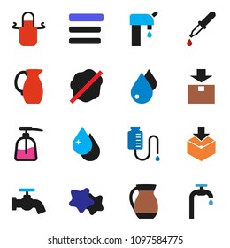 solid vector ixon set - water drop vector, tap, splotch, liquid soap, apron, jug, package, dropper, counter, menu, supply