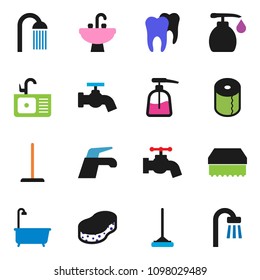 solid vector ixon set - water tap vector, mop, sponge, bath, liquid soap, toilet paper, shower, sink, tooth