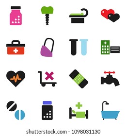 solid vector ixon set - water tap vector, pills vial, no trolley, heart, doctor bag, pulse, patch, bottle, hospital bed, building, tomography, bandage, tooth implant, bath