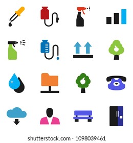 solid vector ixon set - water drop vector, sprayer, top sign, sorting, classic phone, dropper, counter, network folder, bench, cloud download, fruit tree, consumer, fridge