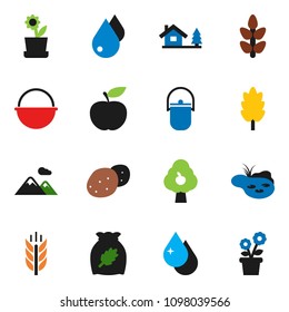 solid vector ixon set - water drop vector, camping cauldron, cereal, potato, diet, cereals, chalet, pond, fruit tree, mountain, flower in pot