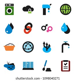 solid vector ixon set - water drop vector, toilet brush, washer, foam basin, shining window, internet, gender sign, cloud lock, chain, route arrow, pond, supply, shopping list