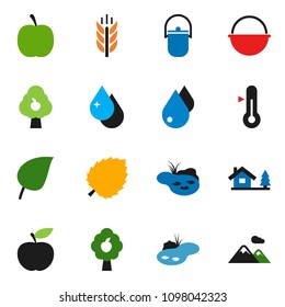 solid vector ixon set - water drop vector, camping cauldron, thermometer, leaf, diet, cereals, chalet, pond, fruit tree, mountain