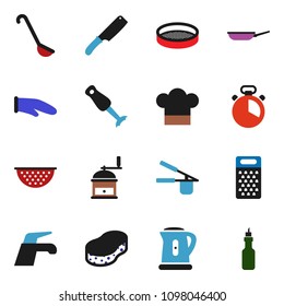 solid vector ixon set - water tap vector, sponge, pan, kettle, colander, cook hat, glove, timer, press, ladle, knife, hand mill, grater, blender, sieve, oil