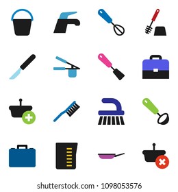 solid vector ixon set - water tap vector, fetlock, bucket, toilet brush, pan, measuring cup, cook press, whisk, spatula, ladle, case, scalpel, basket
