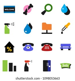 solid vector ixon set - water drop vector, welcome mat, sprayer, percent growth, sorting, classic phone, magnifier, dropper, broken bone, network folder, bench, fridge, sale