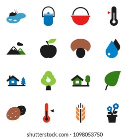 solid vector ixon set - water drop vector, camping cauldron, thermometer, mushroom, potato, leaf, diet, cereals, chalet, pond, fruit tree, mountain, flower in pot