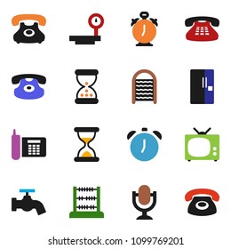 solid vector ixon set - water tap vector, washboard, alarm clock, abacus, phone, big scales, microphone, classic, sand, fridge, tv