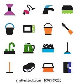 solid vector ixon set - water tap vector, vacuum cleaner, mop, bucket, sponge, car fetlock, kettle, spatula, microwave oven, fridge