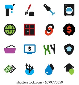 solid vector ixon set - water drop vector, toilet brush, foam basin, shining window, blender, dollar medal, monitor, internet, pills blister, chromosomes, chain, route arrow, supply, washer