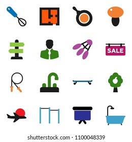solid vector ixon set - water tap vector, pan, whisk, mushroom, presentation board, jump rope, horizontal bar, skateboard, shuttlecock, signpost, plane, client, fruit tree, plan, sale signboard
