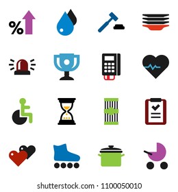 solid vector ixon set - water drop vector, plates, pan, pasta, award cup, percent growth, auction, sand clock, heart pulse, roller Skates, disabled, siren, card reader, shopping list, baby stroller