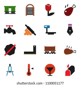 solid vector ixon set - water tap vector, splotch, washboard, rolling pin, thermometer, chicken leg, pen, corner ruler, drawing compass, Railway carriage, glass, tulip, big scales, mailbox